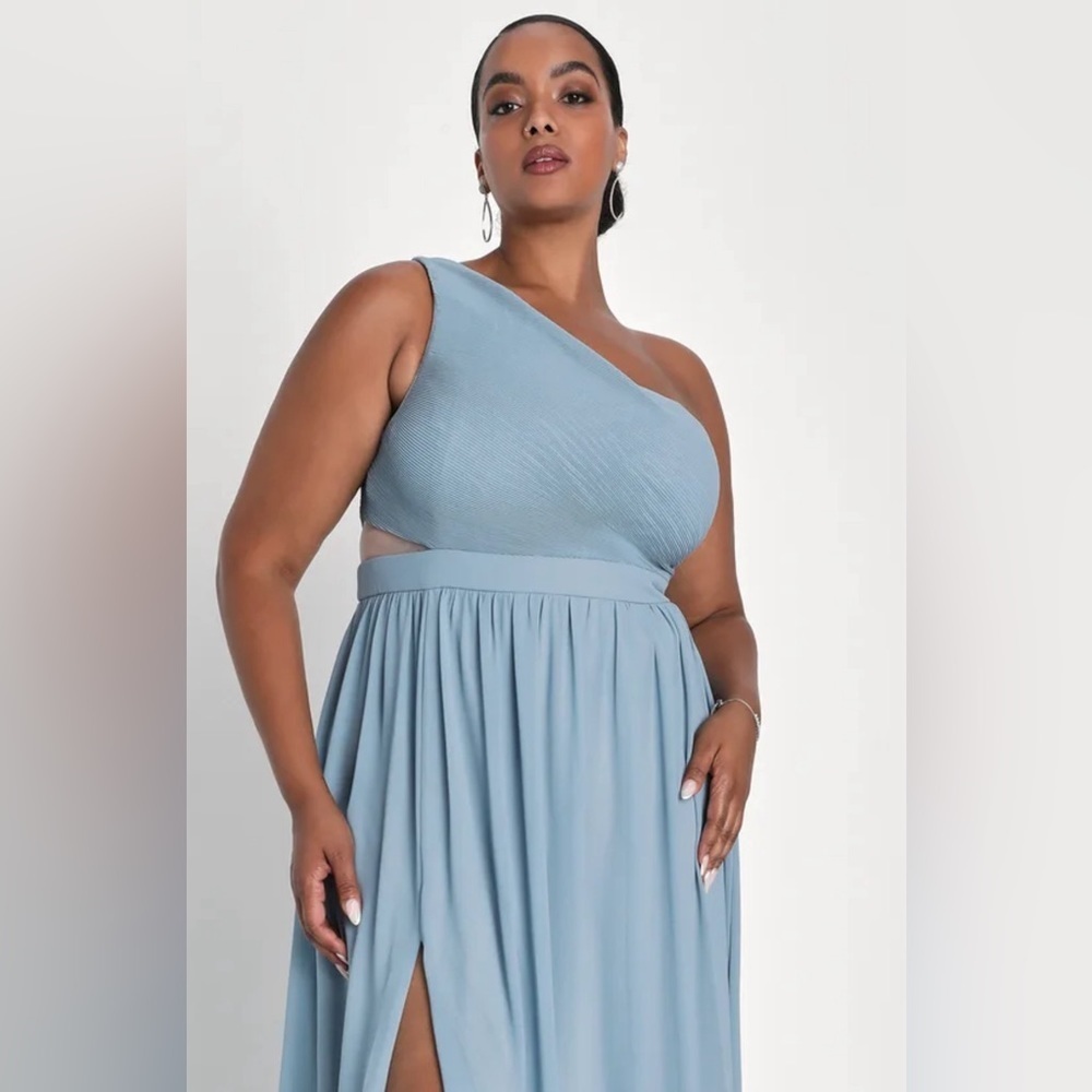 Lulu’s Lovely Endings Dusty Blue One-Shoulder Pleated Maxi Dress‎ Dusty Blue 1X - Picture 2 of 12